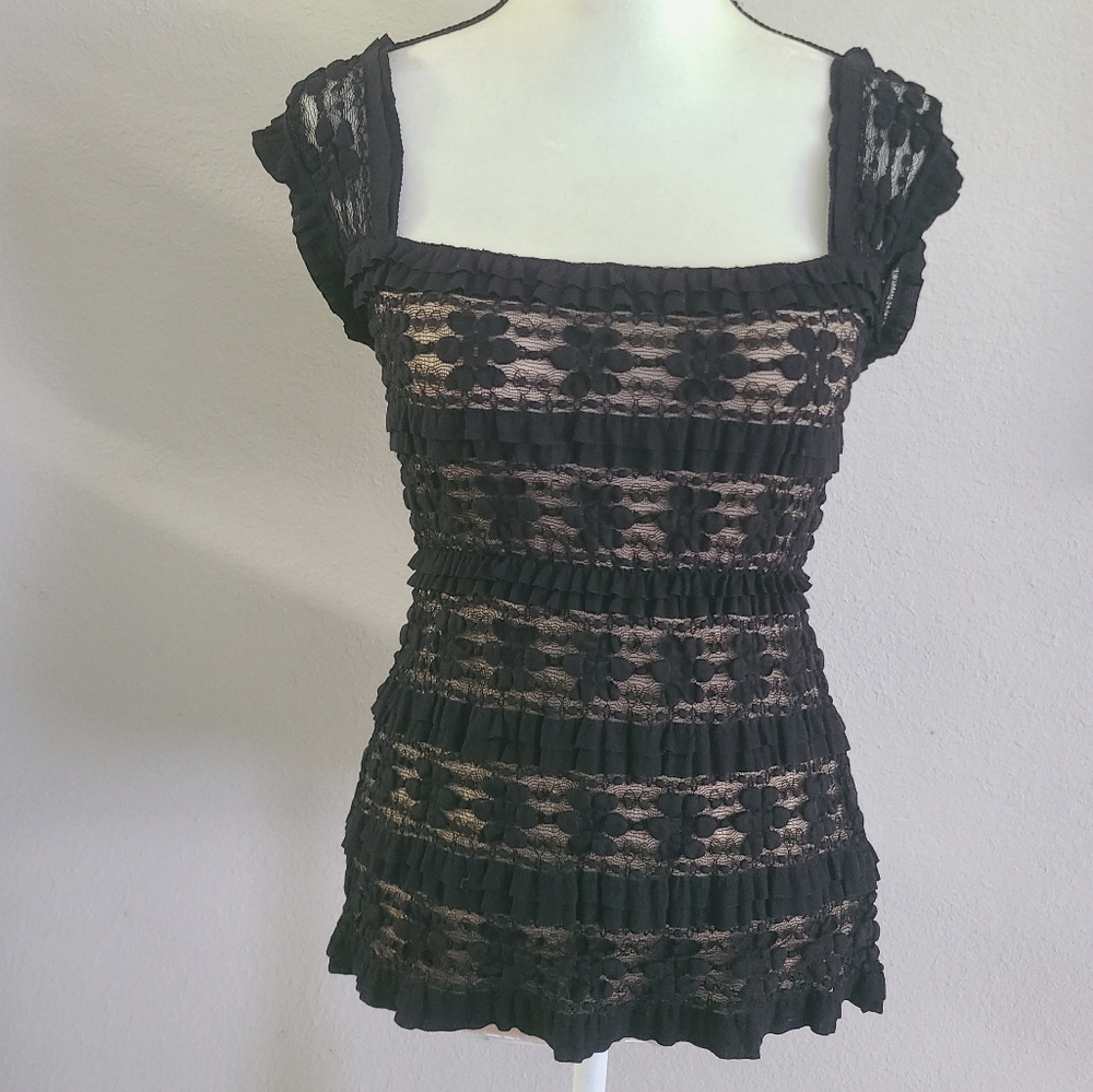 Max Studio Black Smocked Ruffled Cap Sleeve Blouse